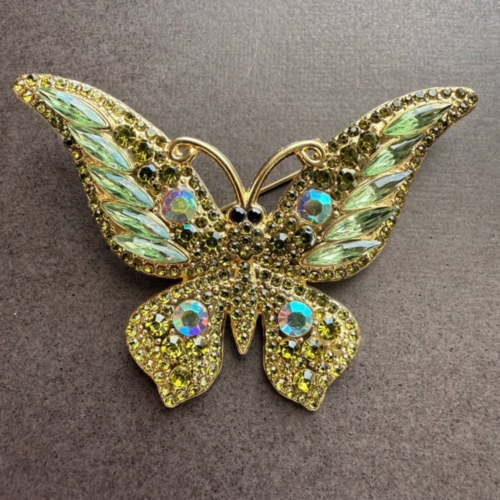 Green Butterfly Brooch Rhinestone Iridescent Gold Tone Jeweled Statement Pin